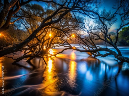 Dark River Branches: Low Light Night Photography Stock Image photo