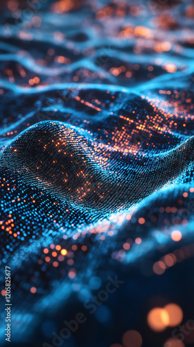 Glowing particles flowing in a smooth, digital wave create a captivating pattern in the vast expanse of cyberspace and technology