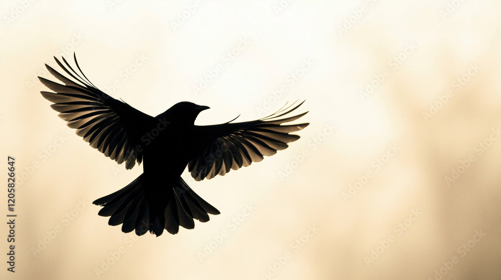 Naklejka premium A sleek silhouette of a bird in flight against a light beige backdrop, creating a peaceful and quiet ambiance. 