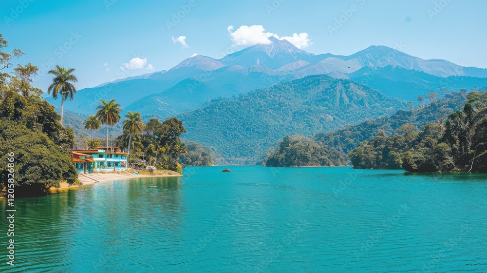 Obraz premium A serene lake surrounded by lush mountains and palm trees, reflecting a clear blue sky, creating a picturesque natural landscape.