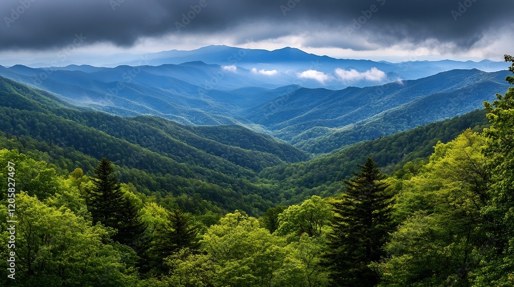 Fototapeta premium Breathtaking Panoramic View of Lush Green Mountain Landscape with Dramatic Sky at Sunset