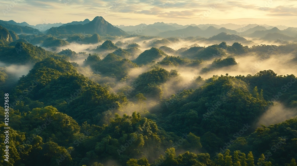 Misty Mountain Landscape with Lush Jungle Foliage at Sunrise or Sunset Misty Mountain Landscape with Lush Jungle Foliage at Sunrise or Sunset