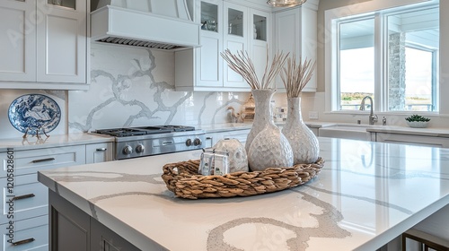 Coastal Kitchen Interior Design: White Cabinets, Quartz Countertops, and Stylish Decor