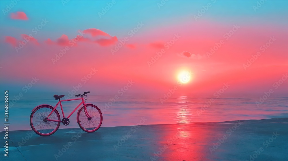 Fototapeta premium A bicycle is parked on the beach at sunset