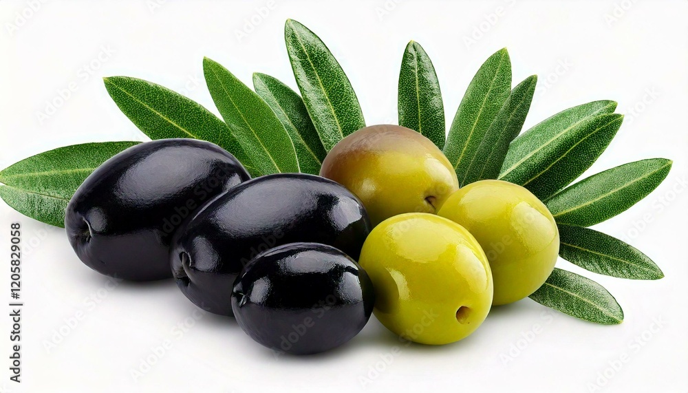 Collection of black and green olives with leaves isolated Collection of black and green olives with leaves isolated