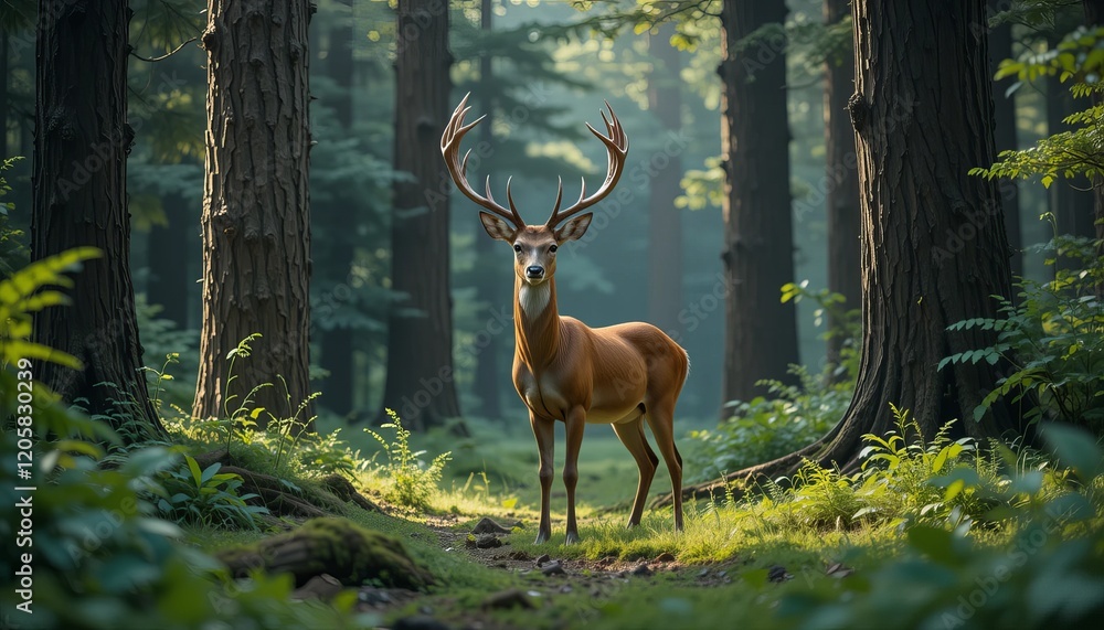 A noble deer gazes calmly in a peaceful forest setting, framed by towering trees and lush greenery. A noble deer gazes calmly in a peaceful forest setting, framed by towering trees and lush greenery.