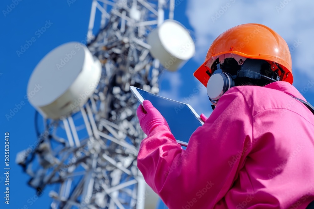 Worker in safety gear using tablet near telecommunications tower on a clear day Worker in safety gear using tablet near telecommunications tower on a clear day