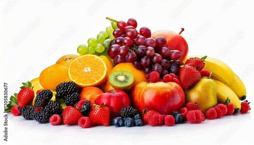 Heap of different fruits and berries isolated on white background