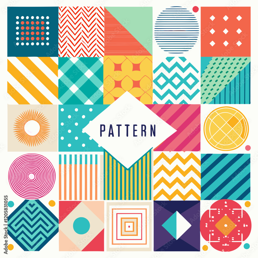 A collection of seven colorful seamless geometric patterns with different shapes and labels A collection of seven colorful seamless geometric patterns with different shapes and labels