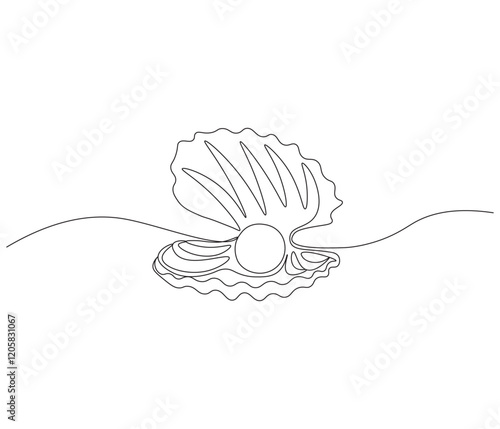 Continuous one line drawing of open pearl shell . Single line drawing illustration of an oyster .  Modern minimalist badge icon or logo with abstract color shapes . Doodle line illustration.