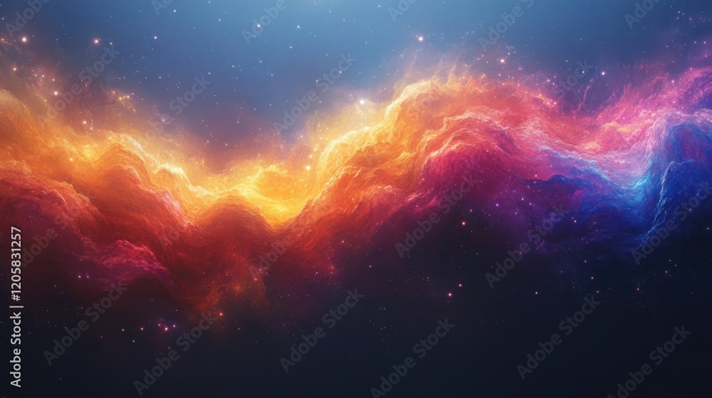 Obraz premium Against a pristine white canvas, a vibrant galaxy bursts with a kaleidoscope of colors, as swirling stars and cosmic lights dance across the backdrop, leaving trails of radiant energy in their wake.