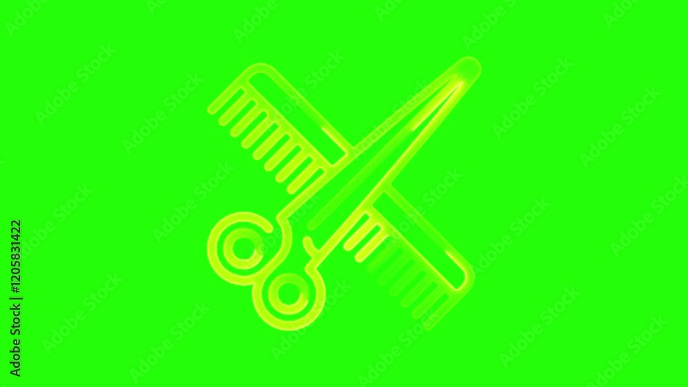 Glowing neon scissors icon animation, hair comb icon on green background. coloerful 4K Video animation. Glowing neon scissors icon animation, hair comb icon on green background. coloerful 4K Video animation.