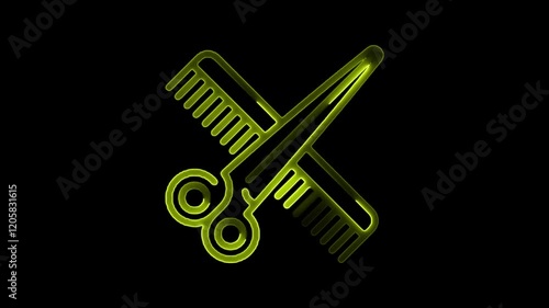 Glowing neon scissors icon animation, hair comb icon on black background. coloerful 4K Video animation. photo