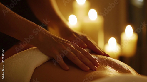 Wallpaper Mural Close-up of a massage therapist's hands applying pressure to the back, with calming candles in the background. Torontodigital.ca