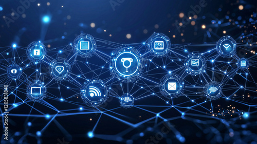 Sleek depiction of interconnected devices with subtle AI and IoT elements, against a futuristic background. 