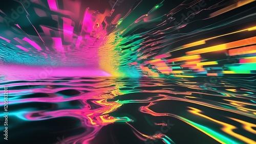 Abstract blue, mint and pink background with interlaced digital Distorted Motion glitch effect. Futuristic cyberpunk design. Retro futurism, webpunk, rave 80s 90s aesthetic techno neon colors