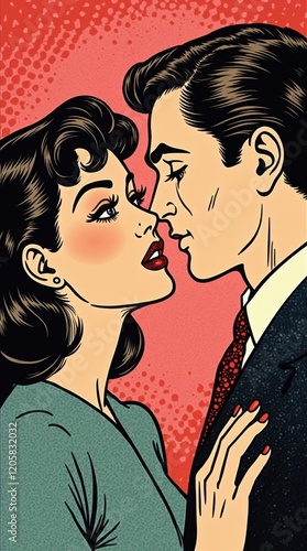 Retro Comic Panel: Dramatic Kissing Couple Close-up