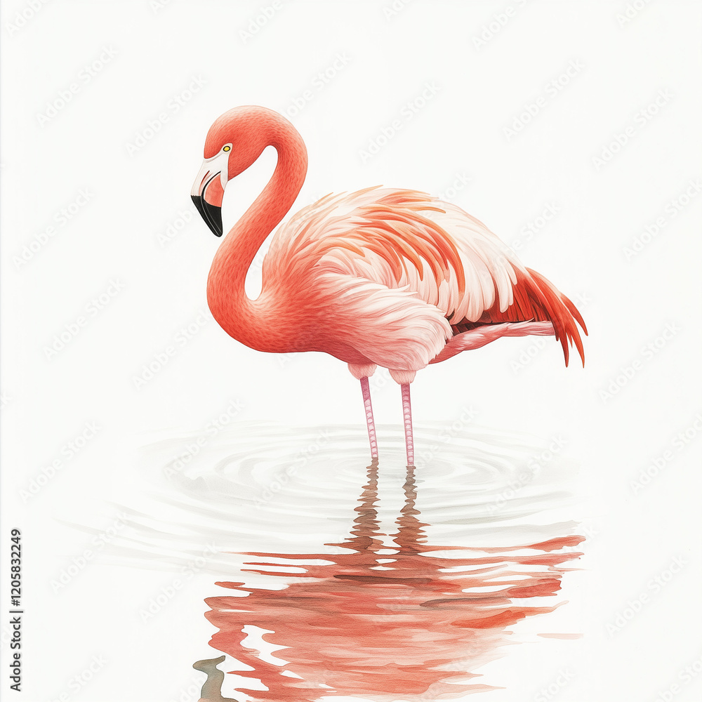 Fototapeta premium Illustration of the Flamingo in the water, soft watercolor tones, white background, detailed illustration, cartoonish.