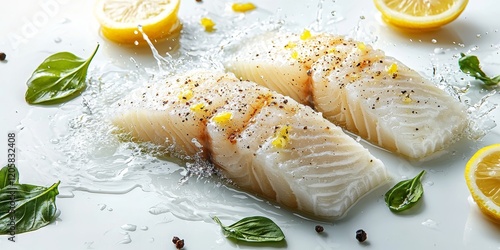 Fresh Fish Fillets with Lemon and Herbs Splashing Water photo