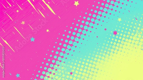 Abstract background with pink, teal, yellow halftone dots and shooting stars.