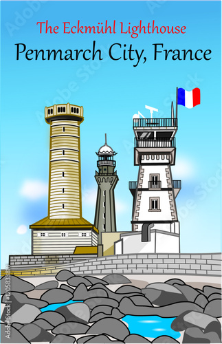 CIMAHI,INDONESIA-JANUARY 16, 2025-Cute old Eckmuhl Lighthouse from Penmarch, France. Buildings vector illustration design cartoon for poster,collection,background,sticker,souvenir,fabric. photo