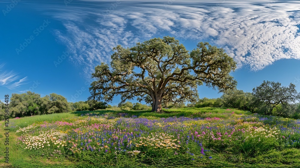 Stunning Lush Oak Tree in Blooming Meadow with Vibrant Wildflowers under Picturesque Sky Stunning Lush Oak Tree in Blooming Meadow with Vibrant Wildflowers under Picturesque Sky