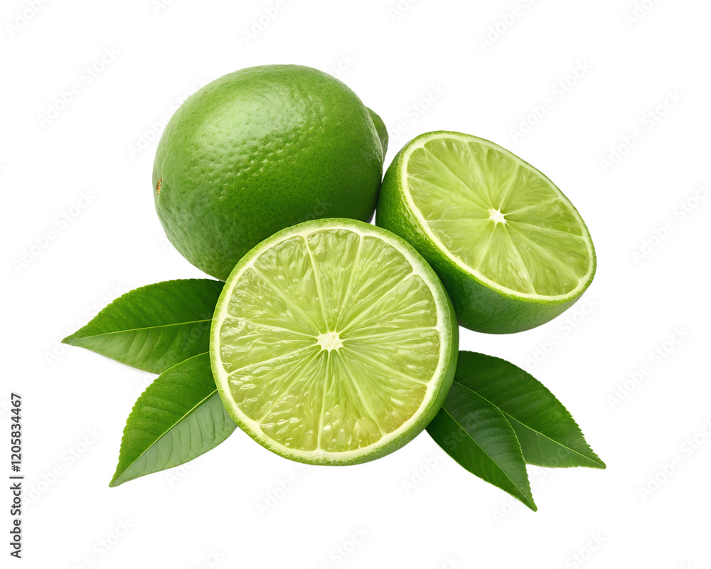 Green Limes with Half Slice and Green Leaves on White Background, Fresh Citrus, Healthy Ingredient Green Limes with Half Slice and Green Leaves on White Background, Fresh Citrus, Healthy Ingredient