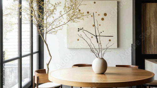 Minimalist dining area featuring round wooden table and modern art piece in contemporary interior setting
