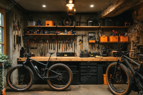 Well-organized bicycle repair workshop with tools and mountain bikes