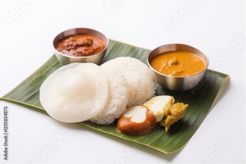 Traditional South Indian breakfast with idli, chutney, and sambar served on a banana leaf photo