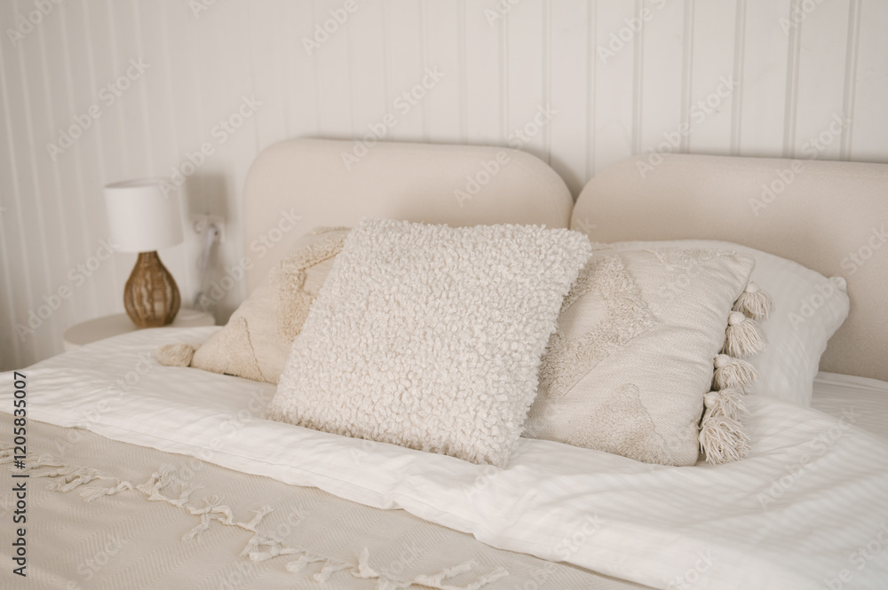 Beautiful light beige interior with soft white bed decorated with pillows in japandi and wawabi sabi style, cozy home concept