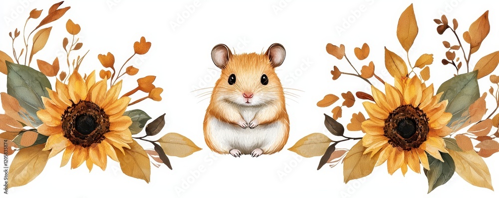 Obraz premium A cute hamster sits surrounded by vibrant sunflowers and autumn leaves, creating a warm and inviting atmosphere.