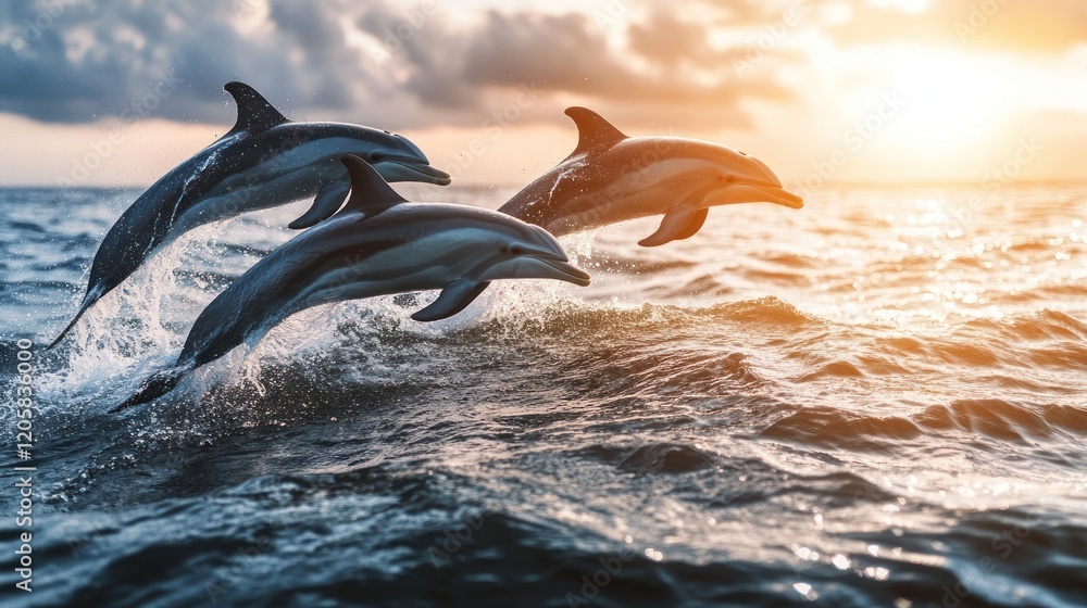 Fototapeta premium Three dolphins jump through the waves at sunset.