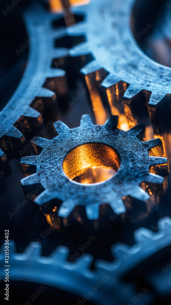 Metal gears meshing, transferring mechanical power, representing teamwork and industrial engineering precision