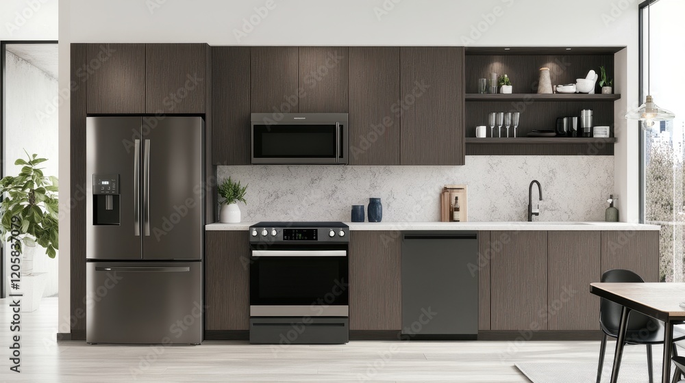 Fototapeta premium Modern kitchen design highlighting flat-front cabinets and integrated appliances