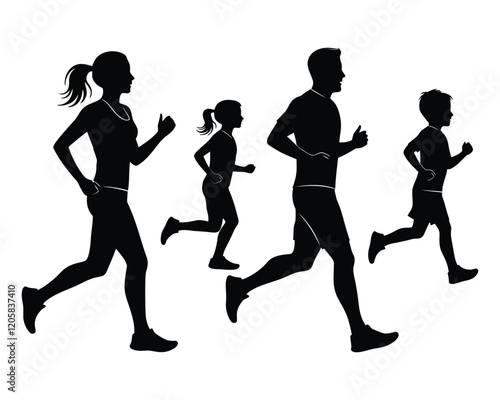 Family Running Silhouettes with white background