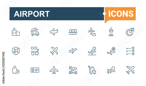 Airport icons set in linear style. Featuring flight, check, transportation, information, art, element and more. Minimalistic icons. Vector icons editable stroke.