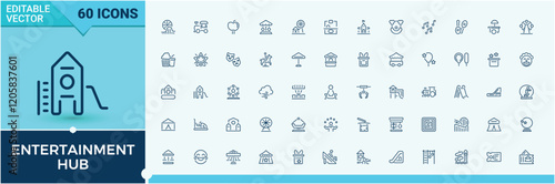 Entertainment Hub line icons set. Includes thin line funfair, magic, round, circus, amusement, cars, cracker and more. Minimal icons. Editable vector icon and illustration.