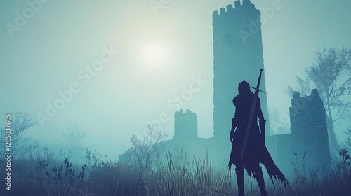 A lone figure stands before a misty, imposing ancient castle silhouette landscape photo