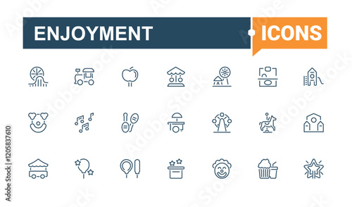 Enjoyment icons set. Contains related to carousel, amusement, ride, park, ice and more. Minimal linear icons. Vector illustration in modern line style.