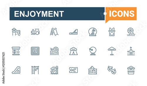 Enjoyment icons set. Contains related to carousel, amusement, ride, park, ice and more. Minimal linear icons. Vector illustration in modern line style.