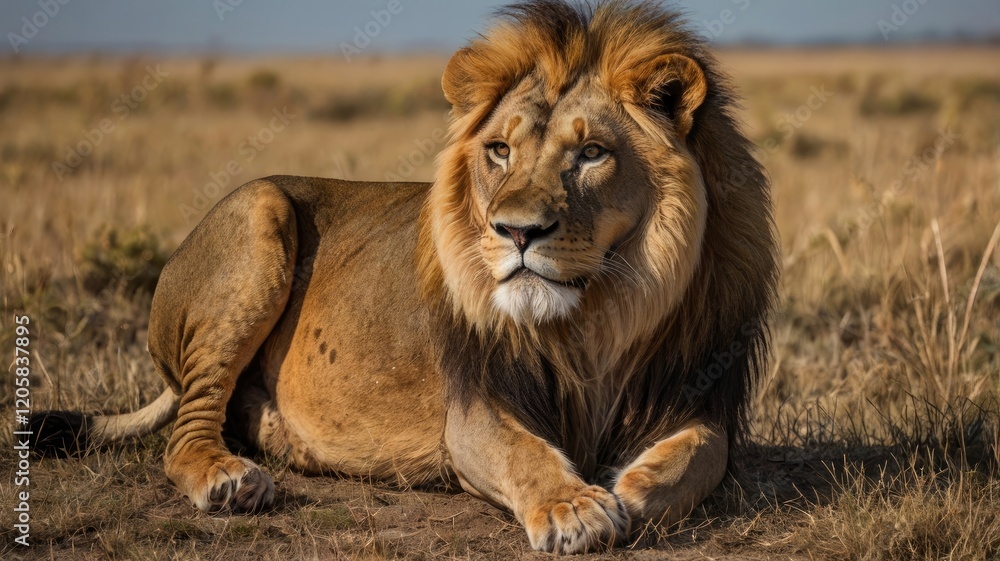 Obraz premium Close-up of a majestic male lion resting in a grassy field, highlighting its golden mane and attentive gaze.