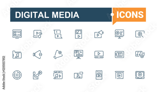 Digital Media icon set. Icons communication, speaker, mobile, movie, set, computer, button, line. Minimalistic icons. Editable stroke. Vector illustration.