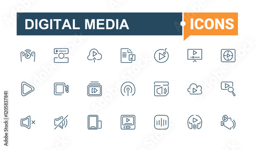 Digital Media icon set. Icons communication, speaker, mobile, movie, set, computer, button, line. Minimalistic icons. Editable stroke. Vector illustration.