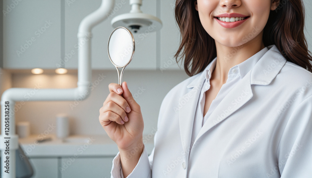 Smiling dentist in a white coat holding a dental mirror in a bright clinic, celebration of International Dentist’s Day Smiling dentist in a white coat holding a dental mirror in a bright clinic, celebration of International Dentist’s Day
