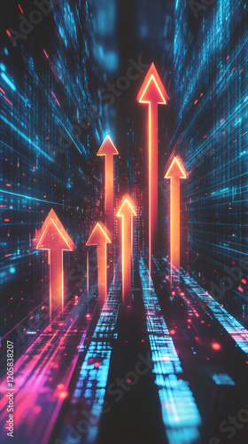 Red neon arrows rising up in digital cyberspace, symbolizing growth, progress, and success in technology and business
