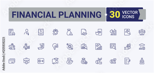 Financial Planning icon set. Icons savings, monitoring, globalization, withdrawal, business, earning and more. Icons for UI. Editable stroke. Vector illustration.