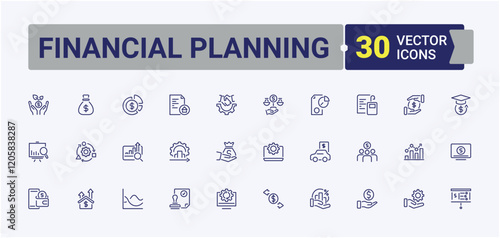 Financial Planning icon set. Icons savings, monitoring, globalization, withdrawal, business, earning and more. Icons for UI. Editable stroke. Vector illustration.