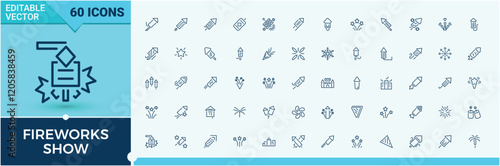 Fireworks Show minimal icon set. Includes icons for decoration, shine, art, firework, element, firecrackers, graphic and more. Thin linear style icons. Editable stroke.