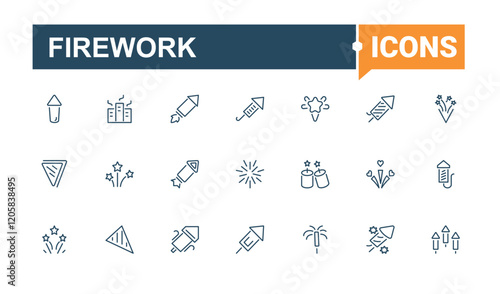 Firework icon set. Featuring glitter, crackers, festive, firework, event and more. Collection for mobile and web apps. Vector icons editable stroke.